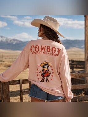 Cowboy Take Me Away Pink Red Puff Paint Retro Kitty Spirit Jersey SJLA Adult NWT